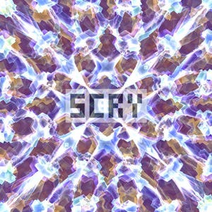 May include: Abstract digital artwork featuring a repeating geometric pattern in shades of purple, blue, and gold. The word "SCRY" is displayed in a blocky font in the centre of the image. The overall effect is a vibrant, textured design.
