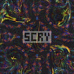 K&ouml;nnte beinhalten: Abstrakte digitale Kunst mit einem dunklen Hintergrund und einem wirbelnden, farbenfrohen Muster aus Blau-, Gr&uuml;n-, Gelb- und Rott&ouml;nen. Das Wort "SCRY" wird in einer wei&szlig;en, pixeligen Schrift in einem rechteckigen Rahmen angezeigt.