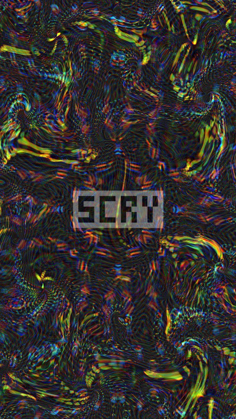 K&ouml;nnte beinhalten: Abstrakte digitale Kunst mit einem dunklen Hintergrund und einem wirbelnden, farbenfrohen Muster aus Blau-, Gr&uuml;n-, Gelb- und Rott&ouml;nen. Das Wort "SCRY" wird in einer wei&szlig;en, pixeligen Schrift in einem rechteckigen Rahmen angezeigt.