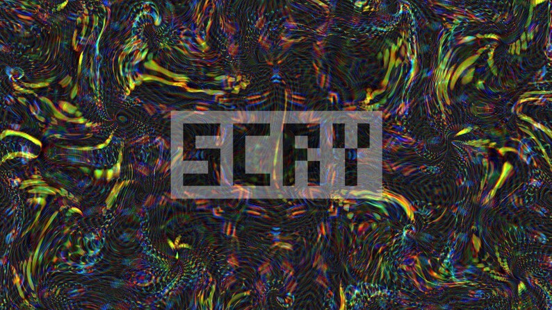K&ouml;nnte beinhalten: Abstrakte digitale Kunst mit einem wirbelnden, farbenfrohen Muster in Schwarz-, Gelb-, Gr&uuml;n- und Blaut&ouml;nen. Das Wort "SCRY" wird in einer pixeligen Schriftart &uuml;ber dem Bild angezeigt.