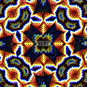 May include: Abstract digital art with a kaleidoscope effect. The design features a symmetrical pattern with vibrant colors including blue, yellow, orange, and black. The word "SCRV" is in the center of the image.