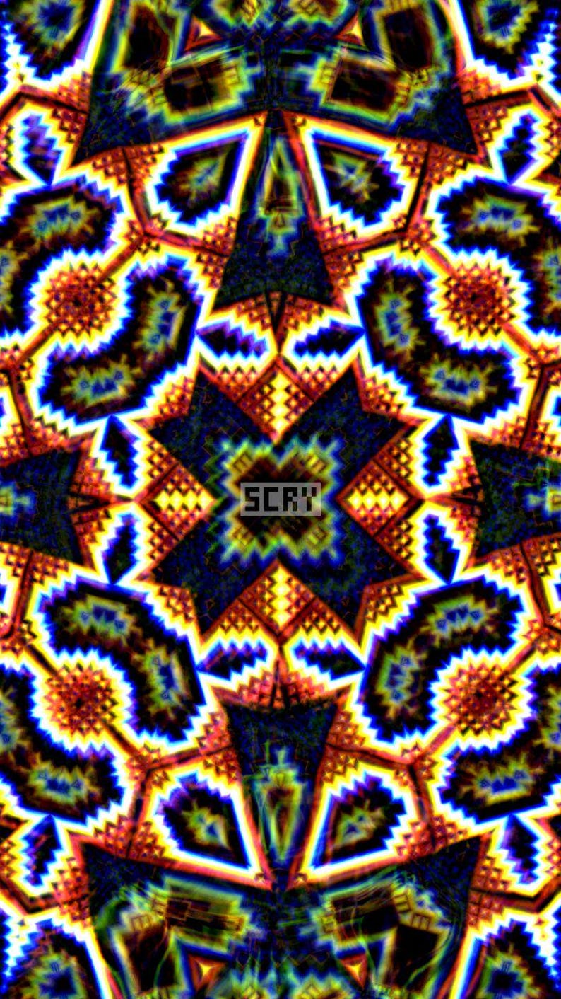 May include: Abstract digital art with a kaleidoscope effect. The design features a symmetrical pattern with vibrant colors including blue, yellow, orange, and black. The word "SCRV" is in the center of the image.