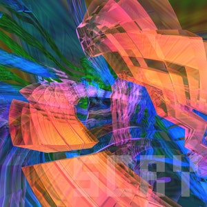 May include: Abstract digital art with a vibrant color palette. The image features geometric shapes in shades of orange, pink, blue, and green, creating a dynamic and layered composition. The artwork has a translucent quality.