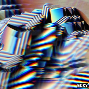 May include: Abstract digital art piece featuring a geometric composition of layered, iridescent blocks. The artwork showcases a spectrum of colors, including blues, yellows, and reds, with a glitch effect. The word "SCRY" is in the bottom right corner.