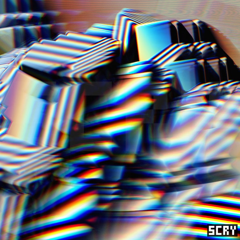 May include: Abstract digital art piece featuring a geometric composition of layered, iridescent blocks. The artwork showcases a spectrum of colors, including blues, yellows, and reds, with a glitch effect. The word "SCRY" is in the bottom right corner.