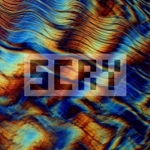 May include: Abstract digital artwork featuring a wavy pattern in shades of blue, orange, and brown. The word "SCRY" is overlaid in a pixelated font. The design has a textured, almost fabric-like appearance.