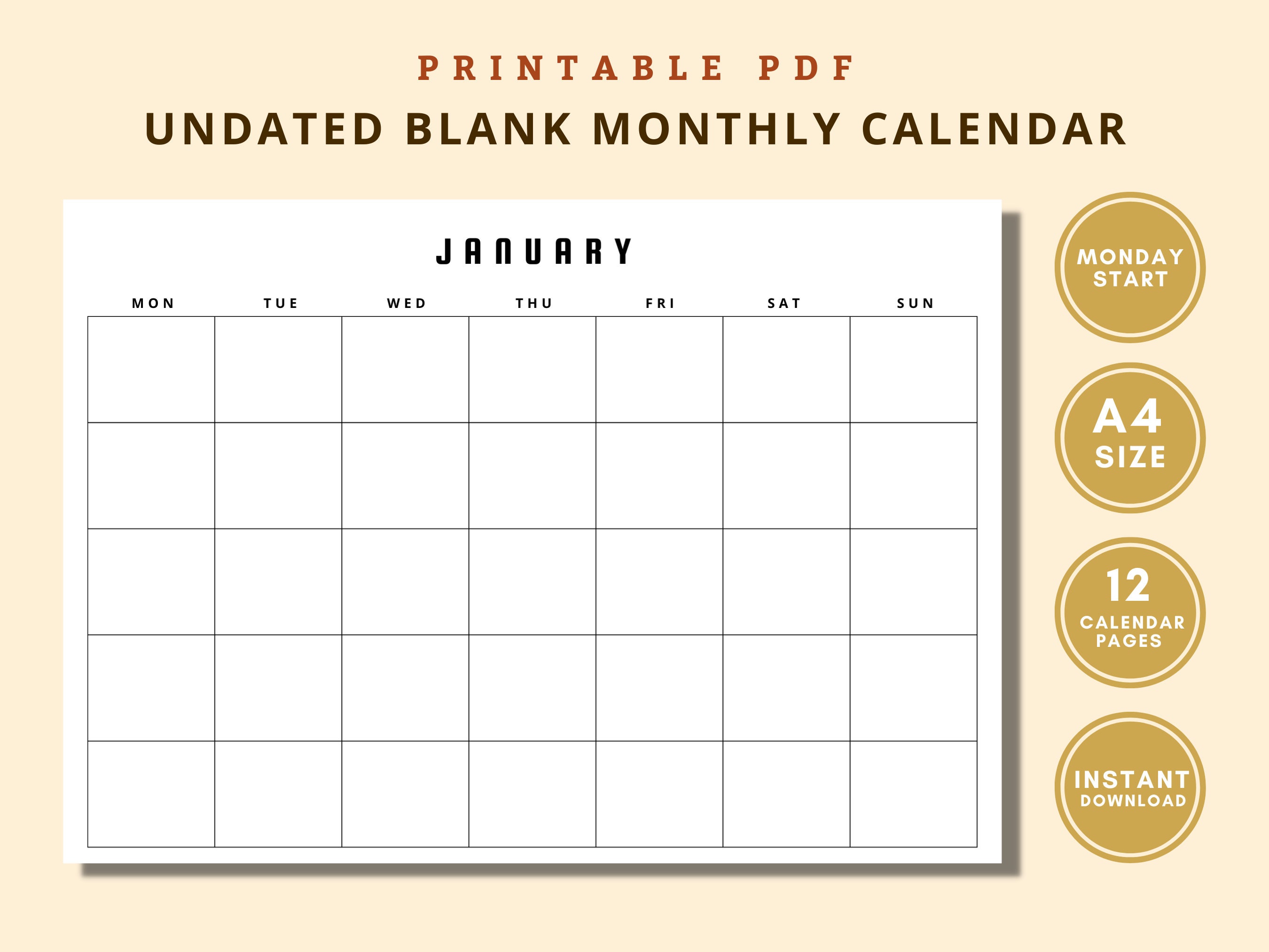 Undated Blank Monthly Calendar Landscape Template, Printable Blank ...