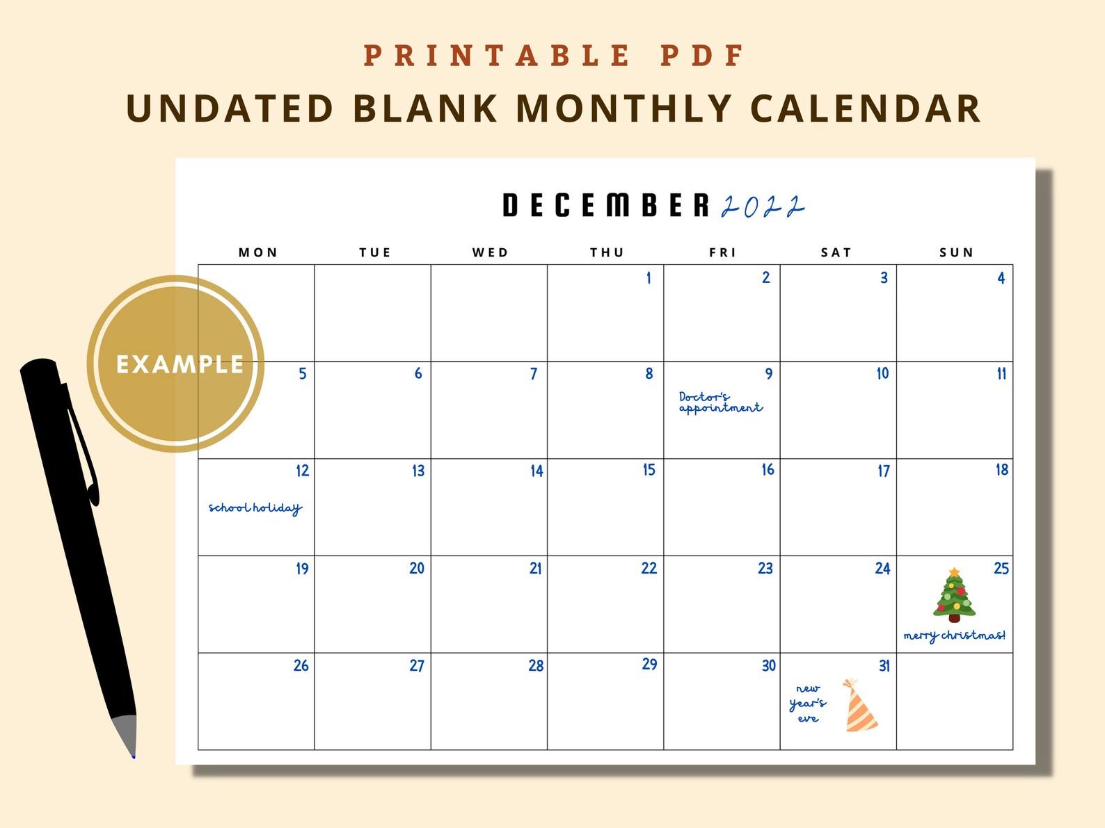 Undated Blank Monthly Calendar Landscape Template, Printable Blank ...