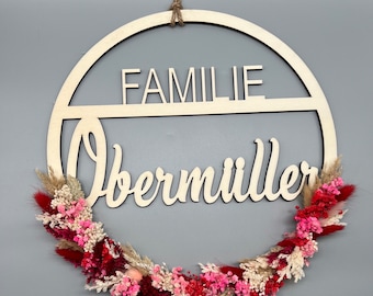 Door wreath, family, personalized, wood, loop, dried flowers