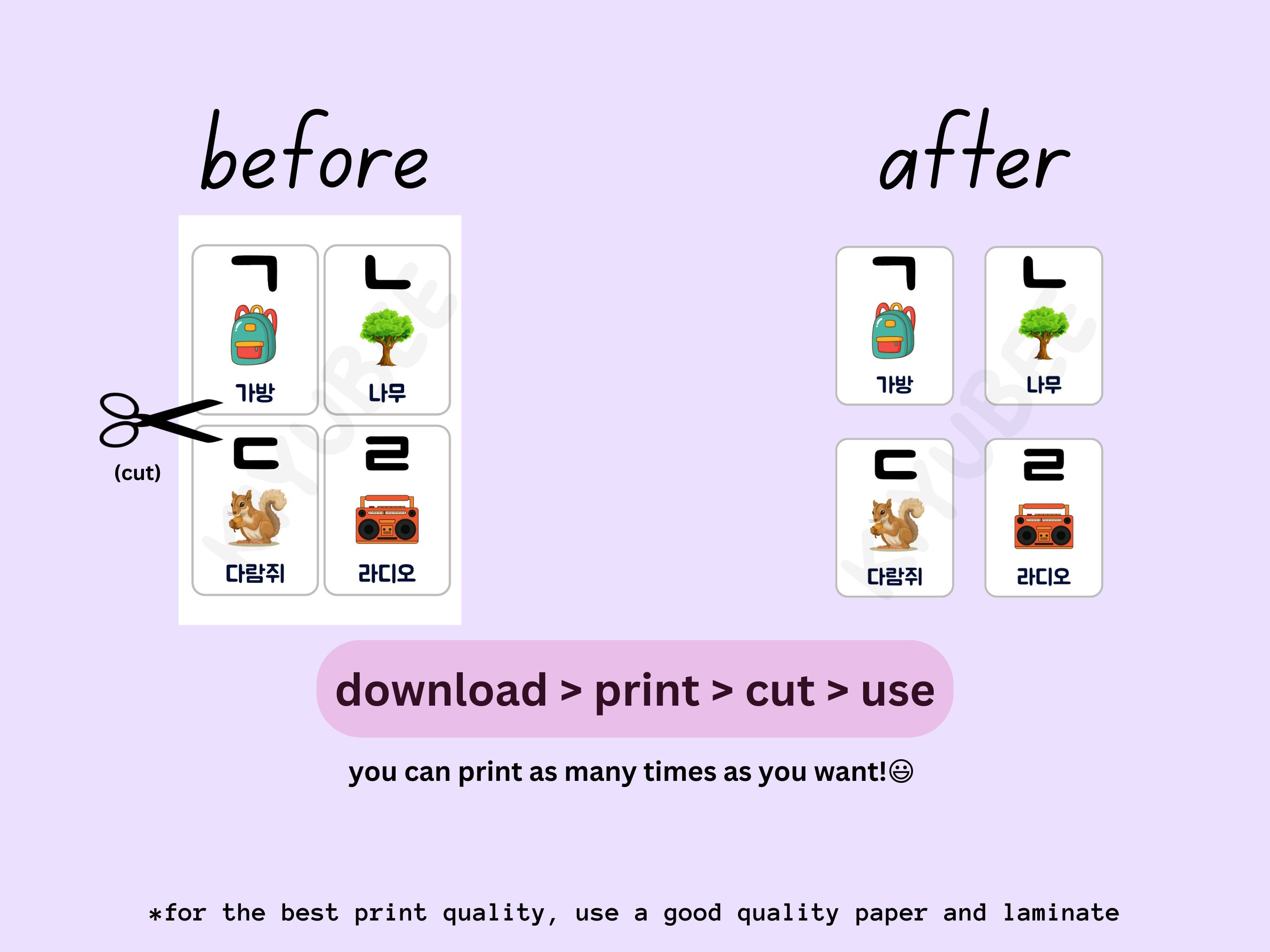 Printable Korean Hangul Flashcards With Pictures Korean Alphabet ...