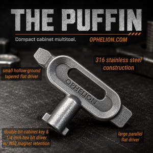 May include: A compact cabinet multitool made of 316 stainless steel. The tool features a double-bit cabinet key, a 1/4 inch hex bit driver, and small and large flat drivers. The text "THE PUFFIN" and "OPHELION.COM" are visible.
