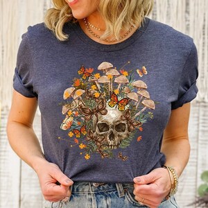 Bloom Skull Shirt, Mushroom Shirt, Halloween Shirt, Mushroom And Skull, Floral Skull Shirt, Womens Fall Shirts, Flower Skull Skeleton Shirt