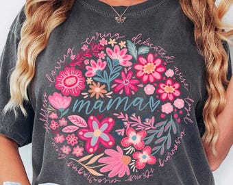 Comfort Colors® Boho Floral Mama Shirt Mothers Day Gift Trendy Mom Spring Tee Cute Gift for Mom Oversized Shirt for Women Flowers Mama Shirt