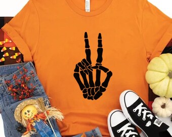 Skeleton Peace Sign Shirt, Halloween Shirt, Skeleton Hand Shirt, Funny Halloween Shirt, Fall Shirt, Skeleton Hand, Women's Halloween Shirt