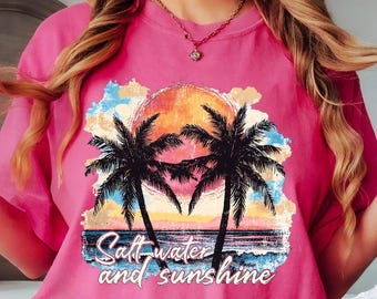 Comfort Colors® Salt Water and Sunshine T-shirt,Salty Mom,Trendy Summer Shirts,Beach Tee,Retro Beach Girl Shirt,Palm Tree Shirt,Sunset Shirt