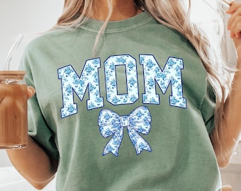 Comfort Colors® Mama Shirt, Blue Ribbon Shirt, Mothers Day Gift, Girly Aesthetic Gift For Mom, Cute Mom Shirt, Bow Shirt, Chinoiserie Shirt