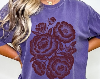 Comfort Colors® Vintage Linocut Flower Shirt Peonies & Ranunculus Tee