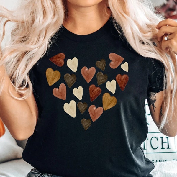 Artsy Melanin Skin Tone Kindness Watercolor Hearts Soft Graphic Tees, Valentines Day Shirt, Watercolor Heart Shirt, Heart Valentines Shirts