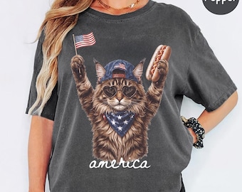 Comfort Colors® Patriotic Cat Shirt, Cat Lover Gift, 4th Of July Shirt, America Tee, Independence Day Graphic, Comfort Colors Shirt