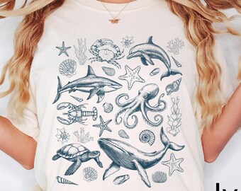 Comfort Colors® Sea Animals 90s Vintage Style Tshirt, Retro Y2k Ocean Shirt, Sealife, Whale, Orca, Turtle, Dolphin Shit, Unisex Adult Tee