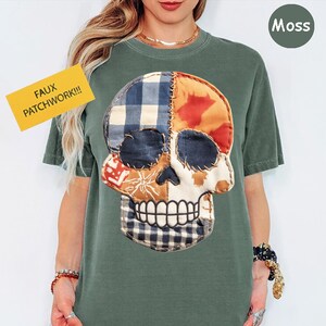 Comfort Colors® Patchwork Skull Shirt, Halloween Country Western Tee, Spooky Fall Graphic Sweatshirt, Vintage Distressed Skull Tee