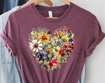Flower Heart TShirt, Wild flowers, Flower Shirt, Sunflower tshirt T-Shirts,Valentine Shirt, Love Shirt, Floral Heart Shirt, Sentimental Gift