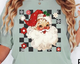 Comfort Colors® Christmas Checkered Santa Shirt, Retro Santa Shirt, Christmas,Retro Christmas Shirt,Christmas Shirt For Women,Gift For Women