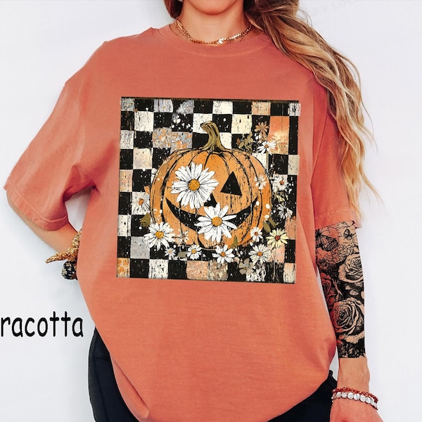 Comfort Colors® Floral Pumpkin Fall Shirt, Boho Floral Fall Shirt, Girly Autumn Vibes Tees, Preppy Fall Brushstroke Tee, Pink Pumpkin Season