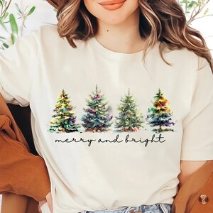 Merry and Bright Trees, Women&#39;s Christmas Shirt, Womans Holiday Shirt,Christmas Gift,Chic Winter Shirt,Cute Holiday Tee,Christmas Tree Shirt