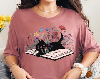 Floral Cat Shirt, Cat Lover Shirt, Cat Book Shirt, Cat Lover Gift, Gift for Her, Cat Mom Shirt Gift, Cute Cat Shirts, Cute Book Cat Shirt