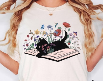 Comfort Colors® Floral Cat Shirt, Cat Lover Shirt, Cat Book Shirt, Cat Lover Gift, Cat Mom Shirt Gift, Cute Cat Shirts, Cute Book Cat Shirt