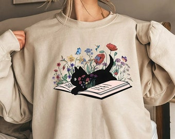 Floral Cat Sweatshirt, Cat Lover Shirt, Cat Book Shirt, Cat Lover Gift, Gift for Her, Cat Mom Shirt Gift,Cute Cat Shirts,Cute Book Cat Shirt