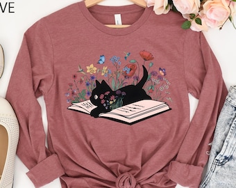 Floral Cat Sweatshirt, Cat Lover Shirt, Cat Book Shirt, Cat Lover Gift, Gift for Her, Cat Mom Shirt Gift,Cute Cat Shirts,Cute Book Cat Shirt