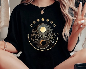 Mystic Moon And Sun Shirt, Mystical Moon Phase Shirt, Moon Phase T-Shirt, Boho Vintage Moon Shirt, Celestial Moon Shirt, Spiritual T-Shirt
