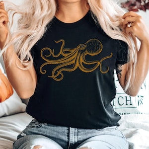 Octopus Japanese Calligraphy T Shirt Gyotaku Traditional Art Japan Anime Manga Gold Print Yoga Martial Arts Samurai Mens Womens Printed Tee