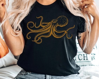 Octopus Japanese Calligraphy T Shirt Gyotaku Traditional Art Japan Anime Manga Gold Print Yoga Martial Arts Samurai Mens Womens Printed Tee