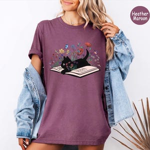 Floral Cat Shirt, Cat Lover Shirt, Cat Book Shirt, Cat Lover Gift, Gift for Her, Cat Mom Shirt Gift, Cute Cat Shirts, Cute Book Cat Shirt image 3