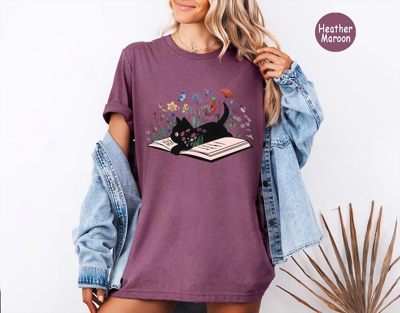 Floral Cat Shirt, Cat Lover Shirt, Cat Book Shirt, Cat Lover Gift, Gift for Her, Cat Mom Shirt Gift, Cute Cat Shirts, Cute Book Cat Shirt image 3