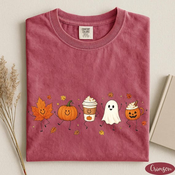 Comfort Colors® Cute Dancing Fall Friends Shirt, Spooky Season Pumpkin Spice Latte Tee, Kawaii Ghost Autumn Apparel, Cozy Halloween Top