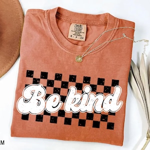 Pu&ograve; includere: Una t-shirt a maniche corte color terracotta con una grafica a scacchi nera e terracotta e la scritta bianca "Be kind" in un carattere grassetto e arrotondato. La maglietta presenta un girocollo e un'etichetta del marchio Comfort Colors.