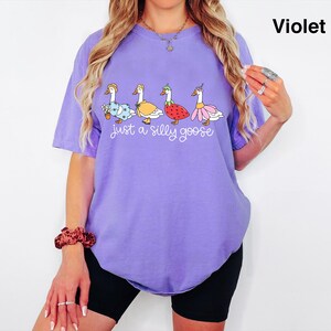 May include: Violet-colored t-shirt with the text "just a silly goose" and a graphic of four geese wearing different outfits. The geese are in blue, yellow, red, and pink. The shirt is a comfortable, oversized fit.