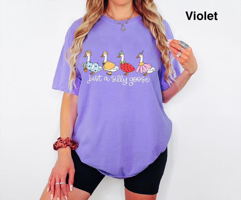 May include: Violet-colored t-shirt with the text "just a silly goose" and a graphic of four geese wearing different outfits. The geese are in blue, yellow, red, and pink. The shirt is a comfortable, oversized fit.