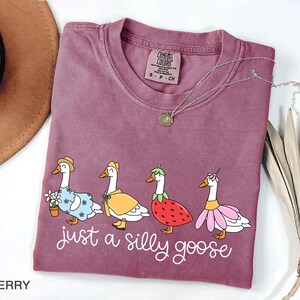 May include: Berry-colored t-shirt with a whimsical design of four geese dressed in various outfits. The phrase "just a silly goose" is written in white script below the geese. A silver necklace with a pendant is draped across the shirt.