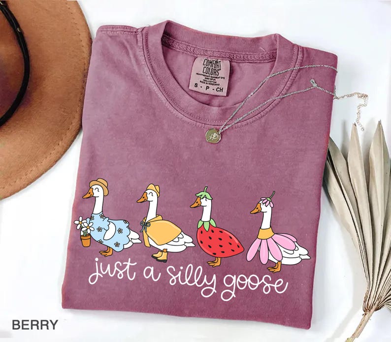 May include: Berry-colored t-shirt with a whimsical design of four geese dressed in various outfits. The phrase "just a silly goose" is written in white script below the geese. A silver necklace with a pendant is draped across the shirt.