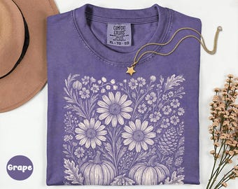 Comfort Colors® Boho Fall Floral Shirt, Retro Fall Tshirt, Autumn Vibes Shirt, Pumpkin Season Graphic Tee, Vintage Fall Pumpkin T-shirt