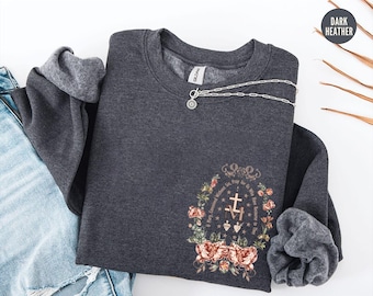 Marian Catholic Sweatshirt, Virgin Mary Sweatshirt, Catholic Gifts For Women, Marian Cross Long Sleeve, Floral Women Religious Shirts
