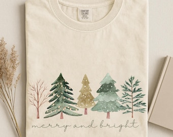 Comfort Colors® Merry and Bright Tee ,Christmas Trees Shirt, Cute Merry Christmas Outfit, Winter Holiday Clothing, Pine Trees Tee, Xmas Gift