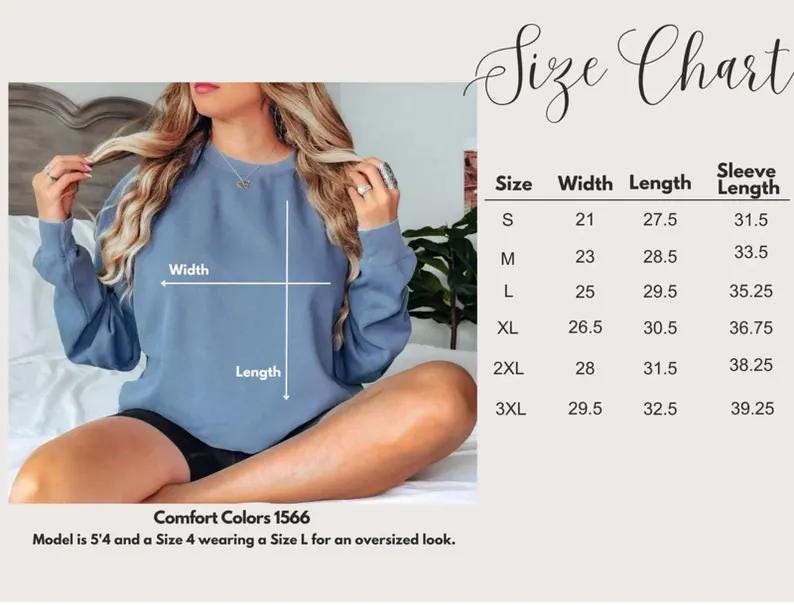 K&ouml;nnte beinhalten: Ein blaues Langarm-Sweatshirt mit einer Gr&ouml;&szlig;entabelle, die Breite, L&auml;nge und &Auml;rmell&auml;nge in Zoll f&uuml;r die Gr&ouml;&szlig;en S bis 3XL angibt. Der Text Comfort Colors 1566 ist sichtbar, zusammen mit Hinweisen zur K&ouml;rpergr&ouml;&szlig;e und Konfektionsgr&ouml;&szlig;e des Modells.