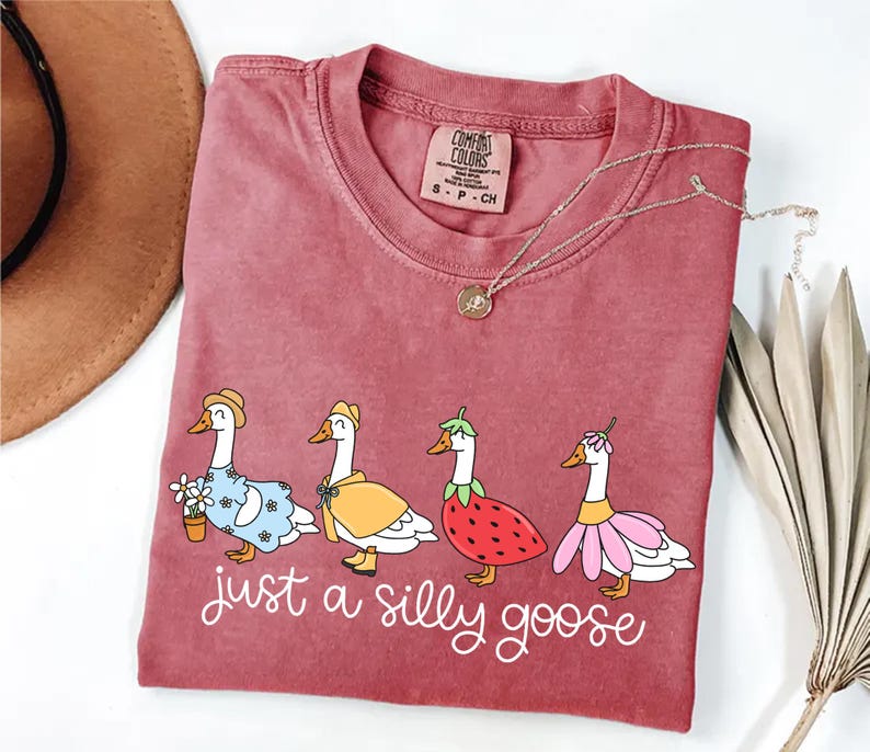 May include: A maroon Comfort Colors t-shirt featuring a whimsical design of four geese dressed in various outfits, including a floral dress, a yellow cape, a strawberry costume, and a pink flower dress. The text "just a silly goose" is printed below the geese.