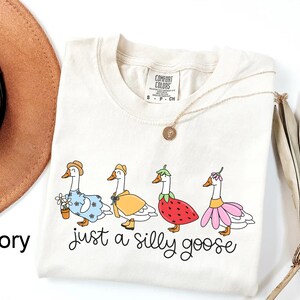 May include: Ivory-colored t-shirt featuring a whimsical design of four geese dressed in various outfits, including a dress, raincoat, strawberry costume, and flower dress. The phrase "just a silly goose" is written in a playful script below the geese.